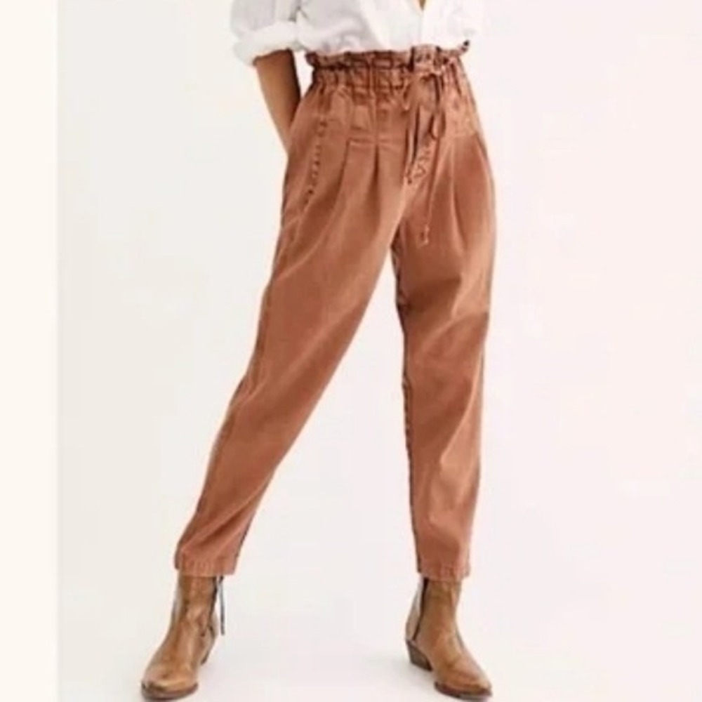 Free People Margate Pleated Earthy Bohemian Tie Trouser Cinnamon Brown XS - Picture 2 of 10